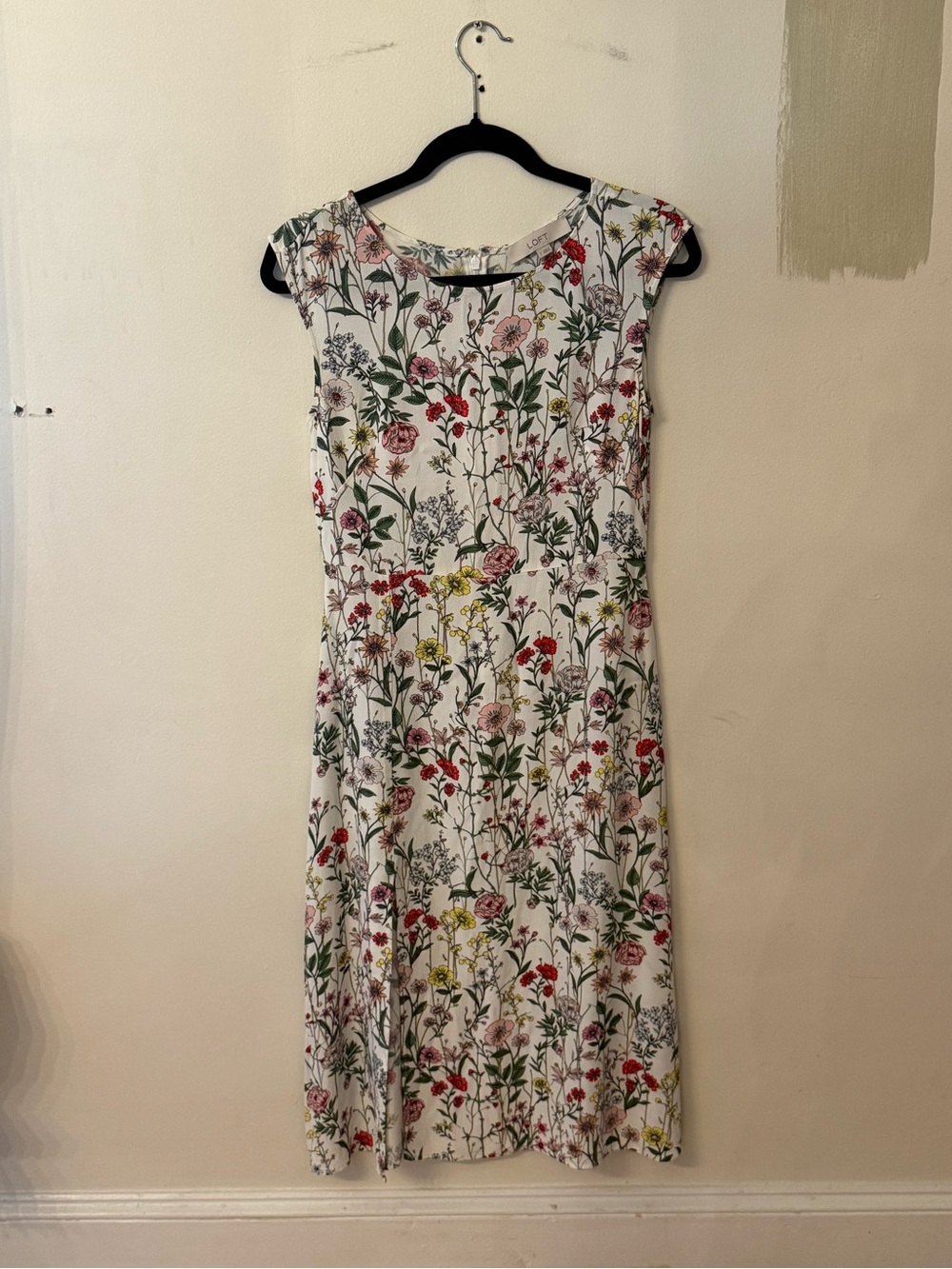 LOFT White Midi Dress with Red, Pink and Yellow Floral Print